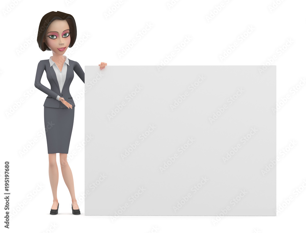 Cartoon business woman in gray dress with big white sign 3d illustration Cartoon business woman in gray dress with big white sign 3d illustration