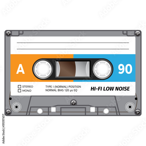 Plastic audio cassette tape. Realistic illustration. Isolated on white.