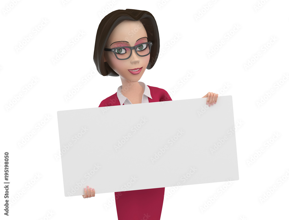 Business woman in red dress and glasses with empty white square sign in her hands 3D Illustration Business woman in red dress and glasses with empty white square sign in her hands 3D Illustration