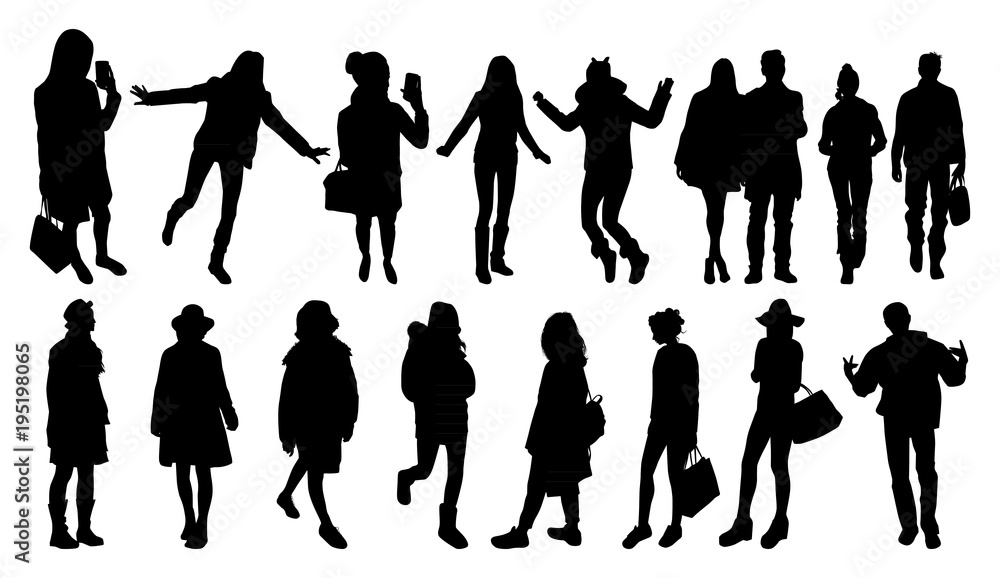 People wearing winter clothes silhouettes