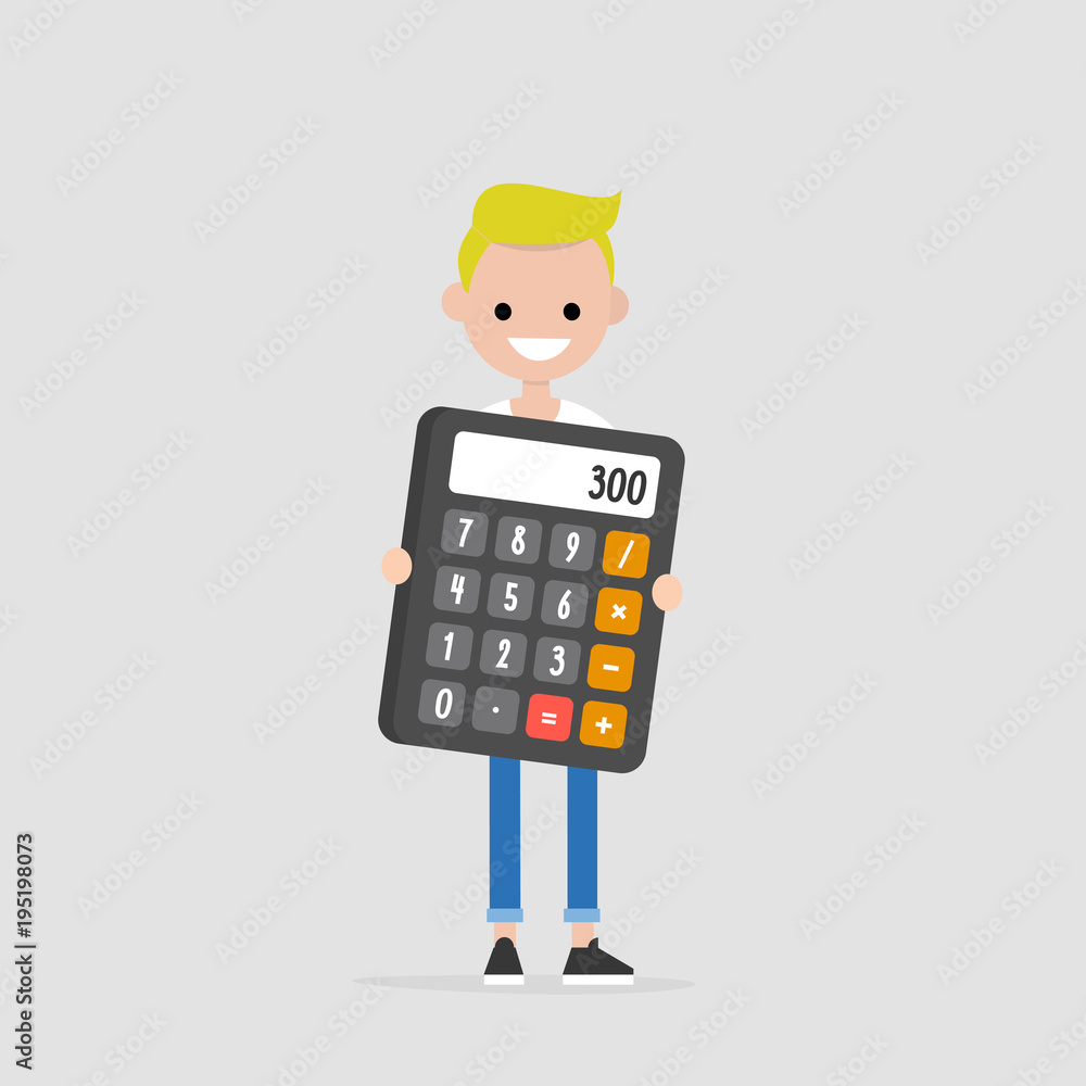 Young character holding a giant calculator. Math. Education. Business. Flat editable vector illustration, clip art Young character holding a giant calculator. Math. Education. Business. Flat editable vector illustration, clip art