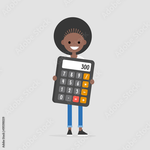 Young character holding a giant calculator. Math. Education. Business. Flat editable vector illustration, clip art