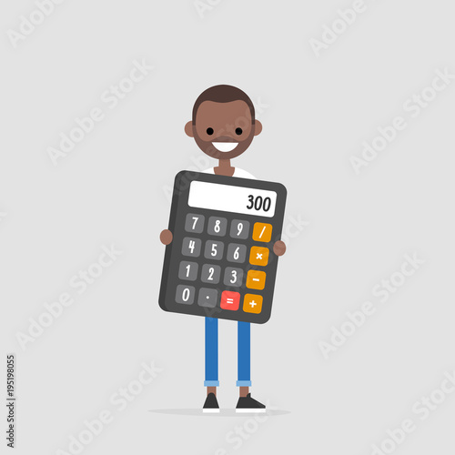 Young black character holding a giant calculator. Math. Education. Business. Flat editable vector illustration, clip art