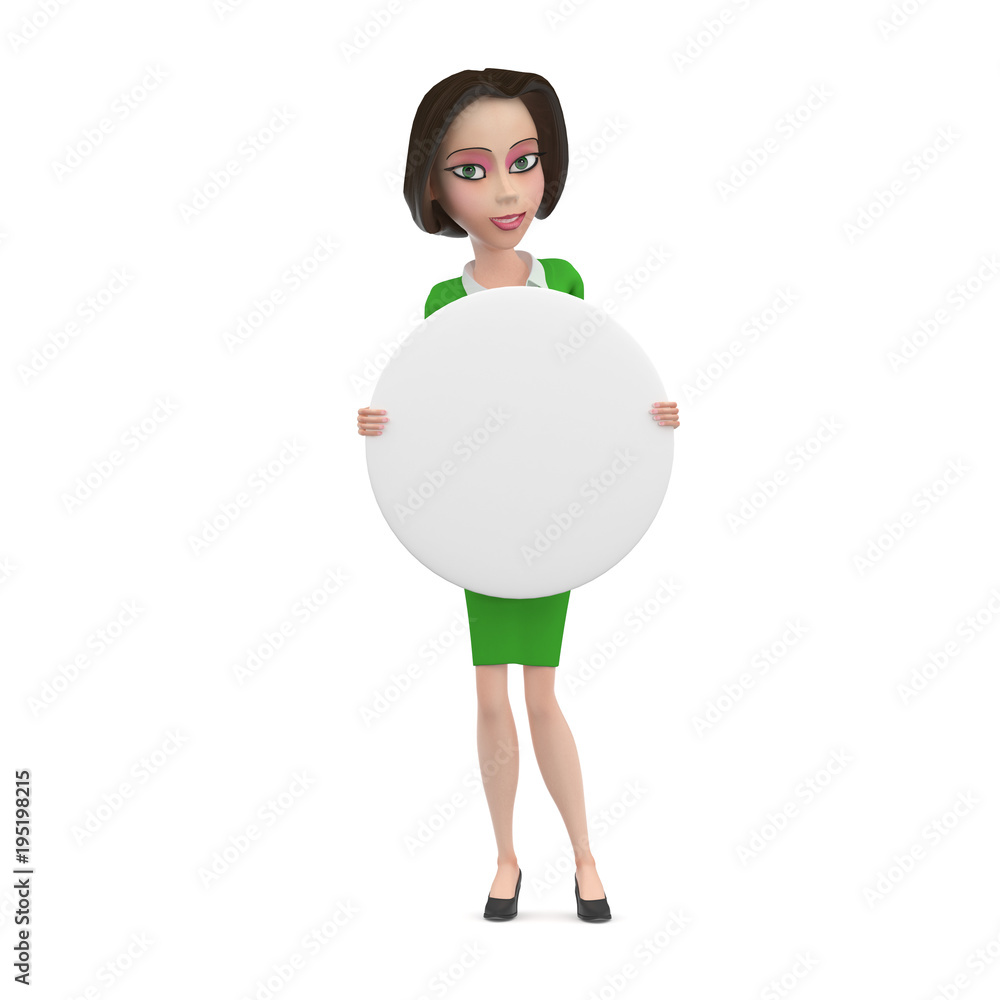 3D Illustration of angry Business woman in green dress with empty white round sign in her hands 3D Illustration of angry Business woman in green dress with empty white round sign in her hands