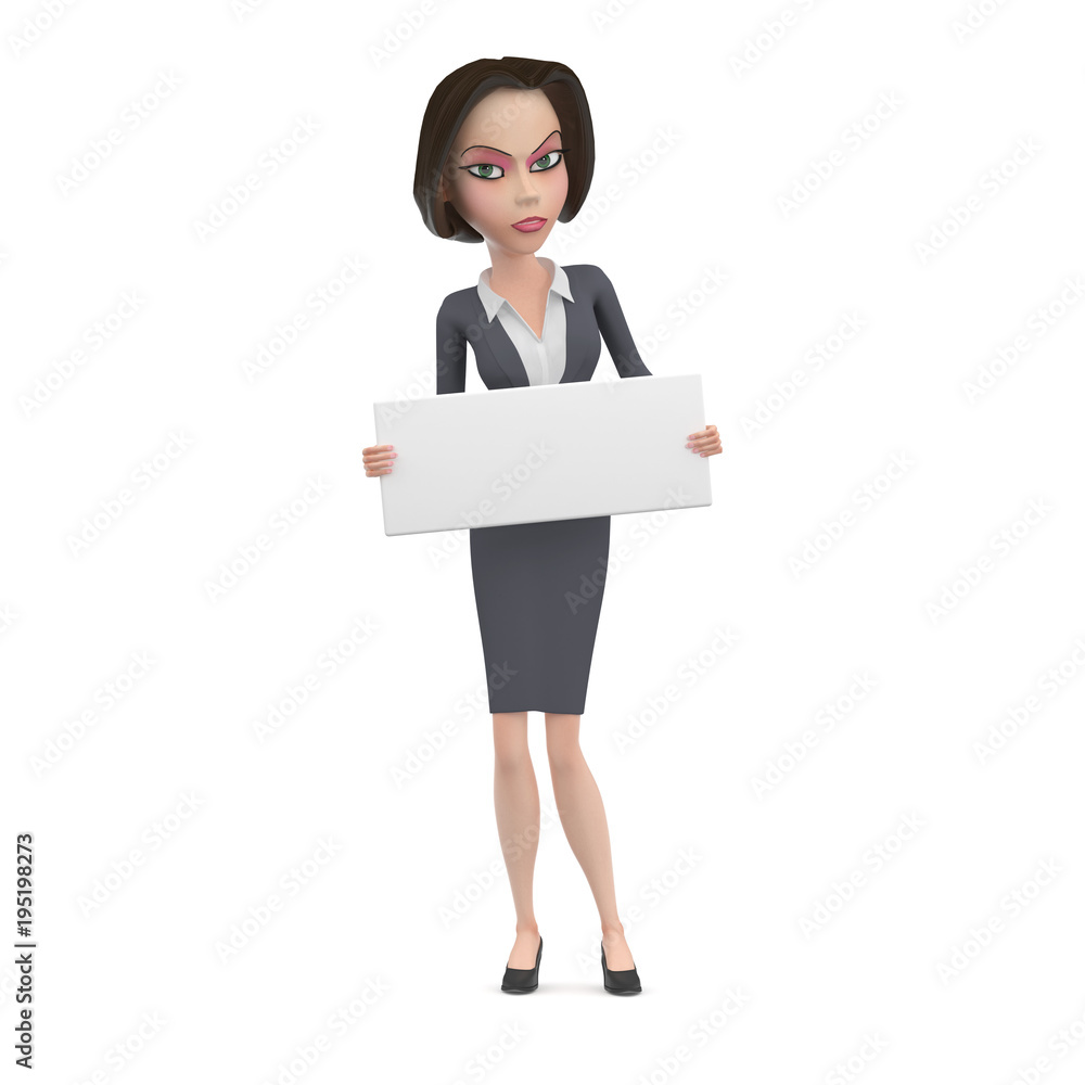 Angry Business woman in blue dress with empty white square sign in her hands 3D Illustration Angry Business woman in blue dress with empty white square sign in her hands 3D Illustration