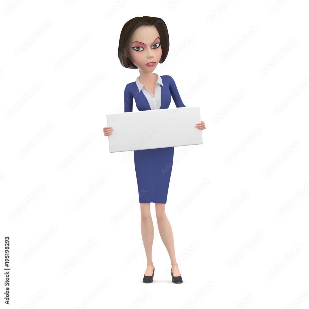 Angry Business woman in blue dress with empty white square sign in her hands 3D Illustration Angry Business woman in blue dress with empty white square sign in her hands 3D Illustration