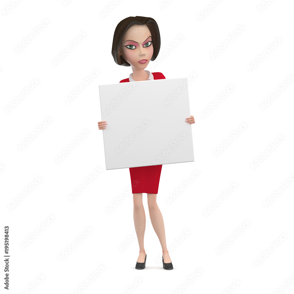 Angry Business woman in red dress with empty white square sign in her hands 3D Illustration Angry Business woman in red dress with empty white square sign in her hands 3D Illustration