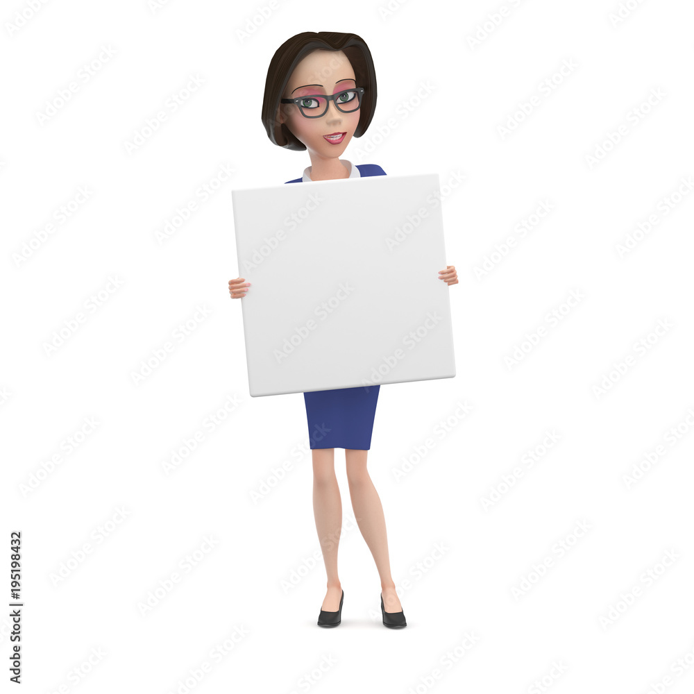 Angry Business woman wearing glasses with empty white square sign in her hands 3D Illustration Angry Business woman wearing glasses with empty white square sign in her hands 3D Illustration