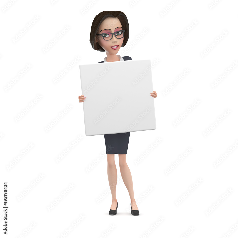 Angry Business woman with empty white square sign in her hands 3D Illustration Angry Business woman with empty white square sign in her hands 3D Illustration