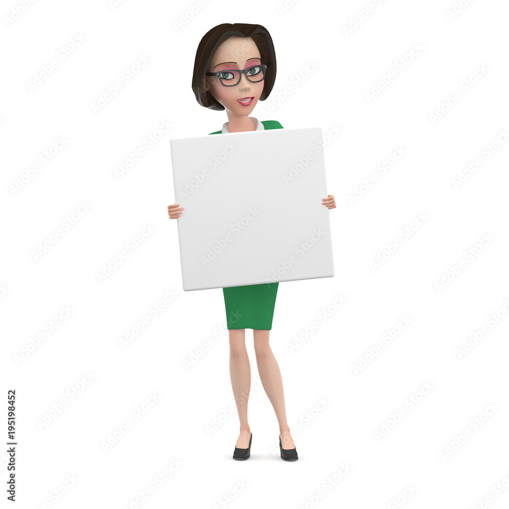 Angry Business woman in green dress with empty white square sign in her hands 3D Illustration Angry Business woman in green dress with empty white square sign in her hands 3D Illustration