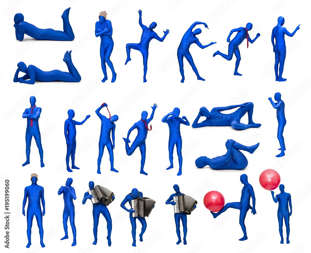 Man in blue costume in various poses Man in blue costume in various poses