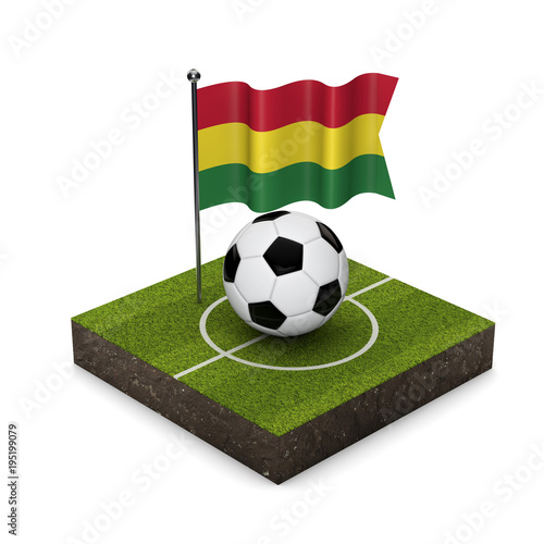 Bolivia flag football concept. Flag  ball and soccer pitch isometric icon. 3D Rendering