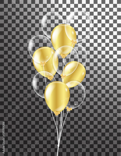 Gold transparent balloon on background balloons, vector illustration. Confetti and ribbons, Celebration background template with
