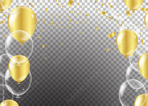 Gold transparent balloon on background balloons, vector illustration. Confetti and ribbons, Celebration background template with