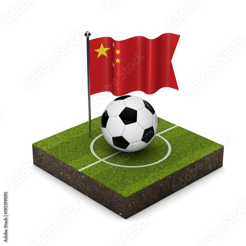 China flag football concept. Flag  ball and soccer pitch isometric icon. 3D Rendering