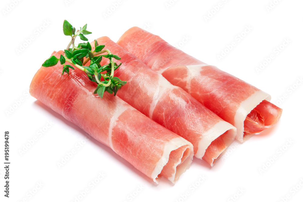 Italian prosciutto crudo or spanish jamon. Raw ham on white background. Italian prosciutto crudo or spanish jamon. Raw ham on white background.