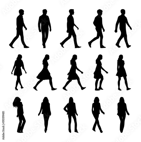 Vector set of walking people silhouettes