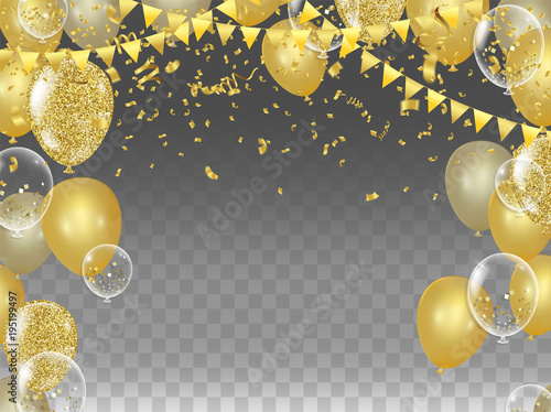 Vector party balloons illustration. Confetti and ribbons flag ribbons, Celebration background template