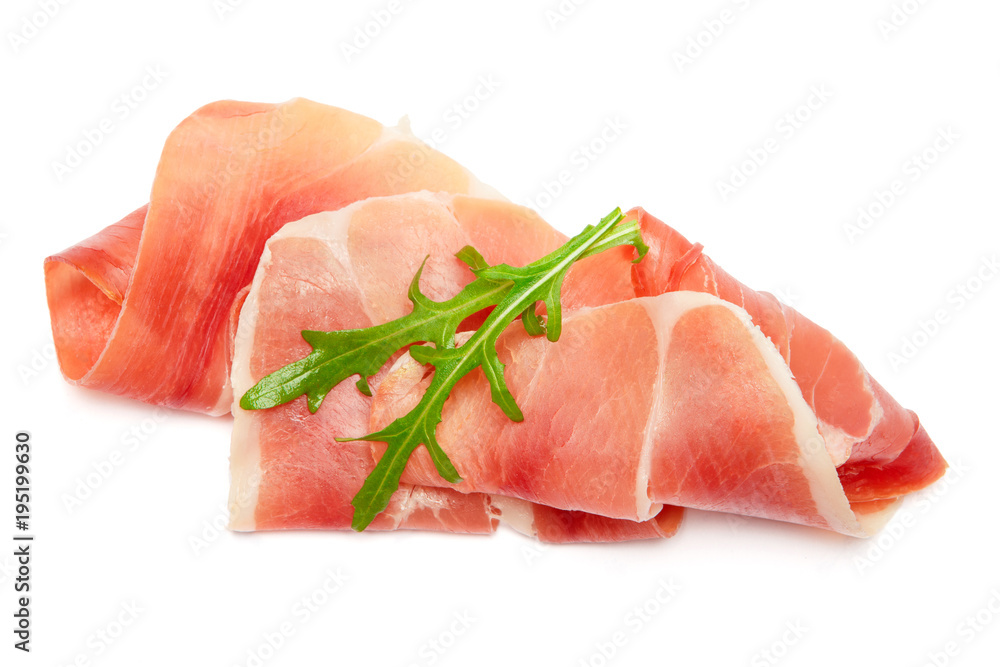 Italian prosciutto crudo or spanish jamon. Raw ham on white background.