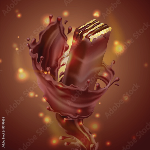 Vector promotion banner, realistic crispy waffle with splash of melted chocolate isolated on brown background. Wafer with cacao cream filling, sweet crunchy dessert. Mockup for brand advertising