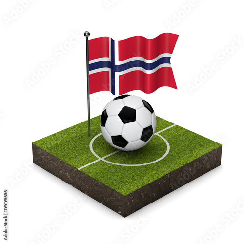 Norway flag football concept. Flag  ball and soccer pitch isometric icon. 3D Rendering