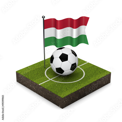 Hungary flag football concept. Flag  ball and soccer pitch isometric icon. 3D Rendering