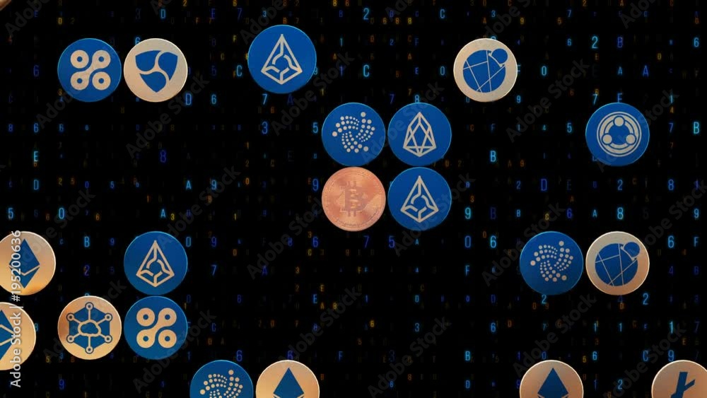 Financial markets in the present in a new future. 3d Abstract animation of bitcoin currency sign in digital cyberspace. Altcoin blockchain crypto currency digital encryption network for world money.