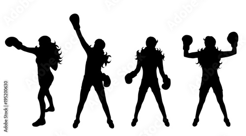 Vector silhouette of woman who boxing on white background.