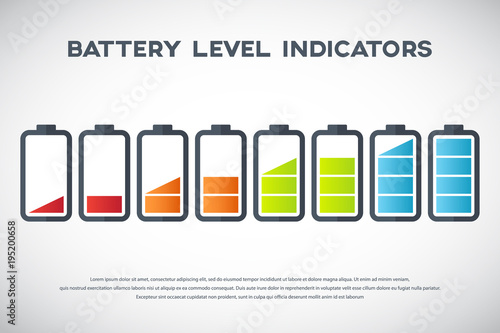 Illustration of battery level indicators. Battery life, accumulator, battery running low, battery recharging vector.