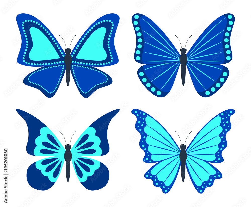 Obraz premium Set of butterflies. Isolated icons on white background. Flat style. Vector illustration.