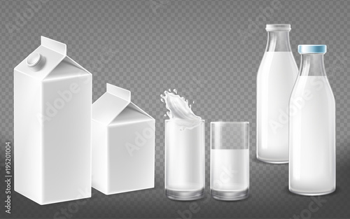 Vector realistic white containers for dairy natural products, milk bottles with lids, filled glasses, cardboard packs for yogurt, kefir or juice, package set isolated on transparent background