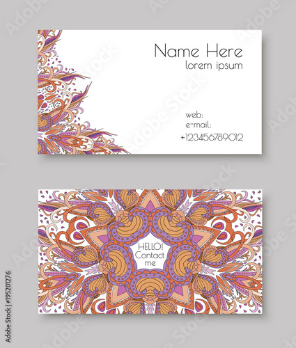 Creative template for designer, photographer or studio. Vector editable pattern with front and back side visit cards. Busines card vith mandala arabesque design doodle and brightful colorful warm
