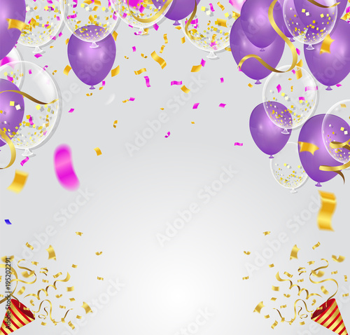 Purple balloons, confetti concept design template Happy background Celebration Vector illustration. fun decor glitters. Abstract concept graphic tinsel element .