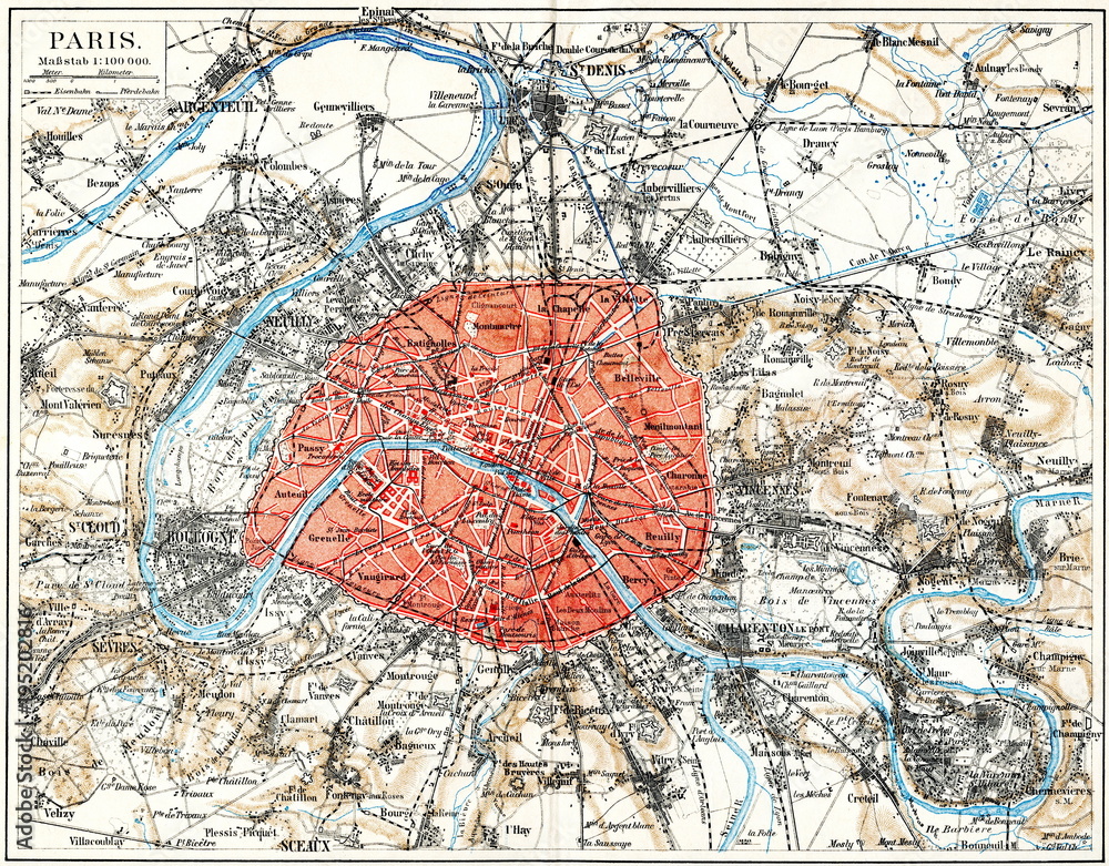 Fototapeta premium Mapa Paryża ca. 1890 (z Meyers Lexikon, 1896, 13/532/533)