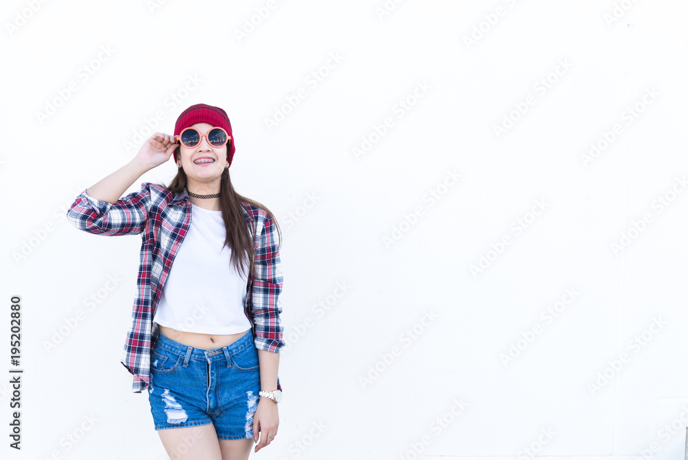 Portrait of beautiful asian hipster girl on white background,Lifestyle of modern woman,Thailand happy woman concept Portrait of beautiful asian hipster girl on white background,Lifestyle of modern woman,Thailand happy woman concept