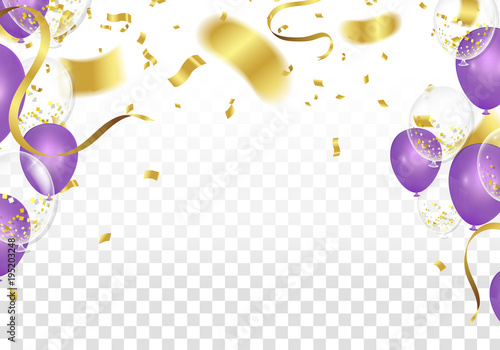 Purple balloons and confetti party vector Illustration of a Party Background with Confetti Curly Ribbons and  Balloons on the upstairs isolated on white background. 3D illustration 