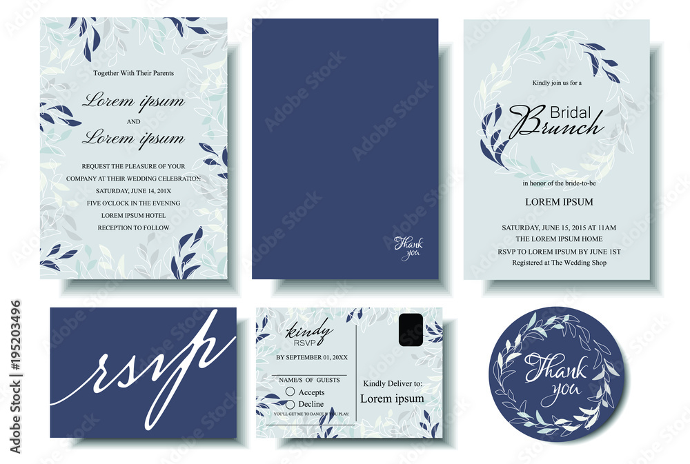 Set of Wedding Invitation Card with minimalist leaf . Bridle shower card.Response card . RSVP .Thank you sticker