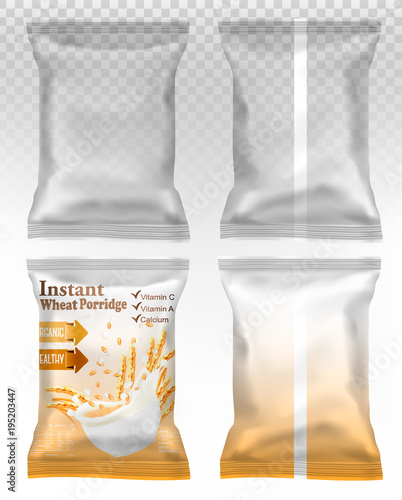 Polypropylene plastic packaging - instant porridge advert concept. Desing template. Vector illustration