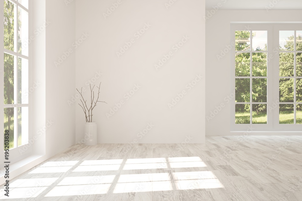 White empty room with summer landscape in window. Scandinavian interior design. 3D illustration White empty room with summer landscape in window. Scandinavian interior design. 3D illustration