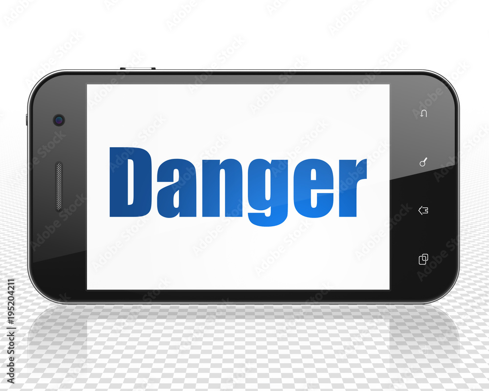 Protection concept: Smartphone with blue text Danger on display, 3D rendering Protection concept: Smartphone with blue text Danger on display, 3D rendering