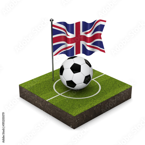 United Kingdom flag football concept. Flag  ball and soccer pitch isometric icon. 3D Rendering