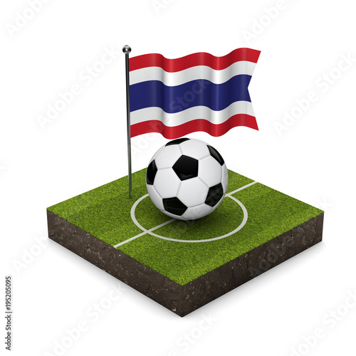 Thailand flag football concept. Flag  ball and soccer pitch isometric icon. 3D Rendering