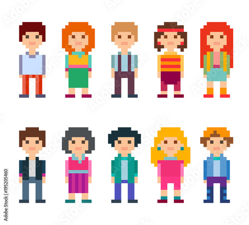 Colourful set of pixel art style characters. Men and women standing on white background. Vector illustration.
