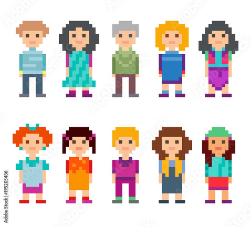 Different pixel 8-bit characters. Men and women standing on white background. Vector illustration.