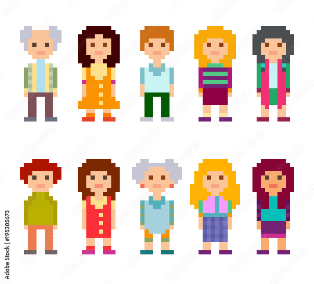 Pixel art style cartoon characters. Men and women standing on white background. Vector illustration. Pixel art style cartoon characters. Men and women standing on white background. Vector illustration.