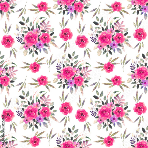 Seamless pattern with watercolor flowers, leaves