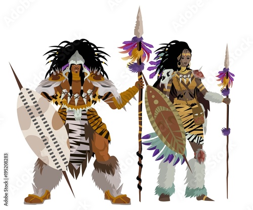 african hunters with spear and shield