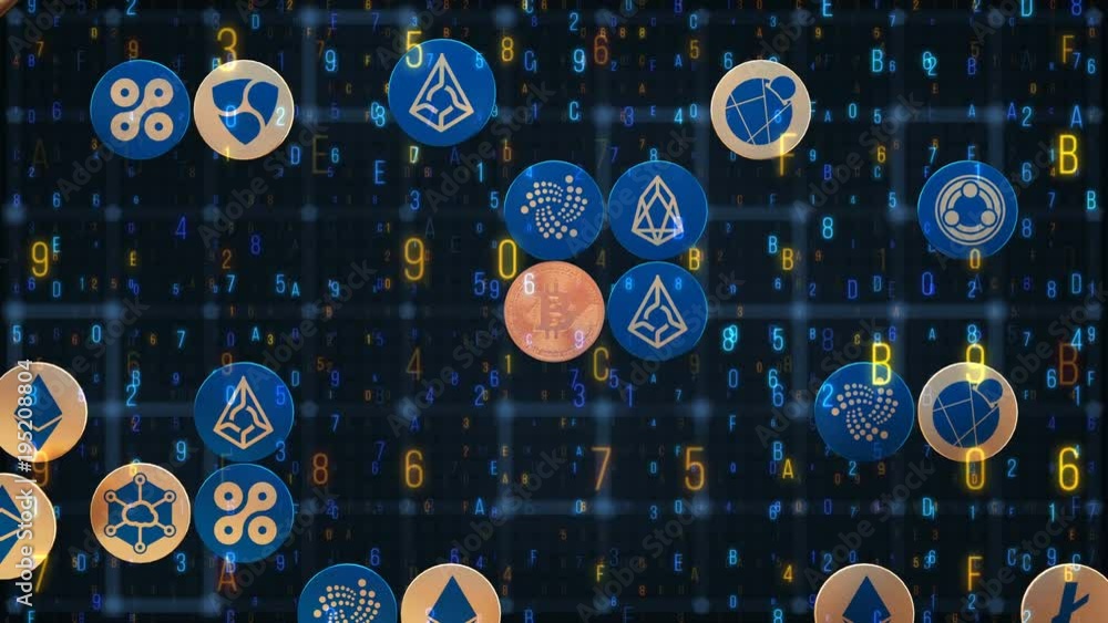 Financial markets in the present in a new future. 3d Abstract animation of bitcoin currency sign in digital cyberspace. Altcoin blockchain crypto currency digital encryption network for world money.