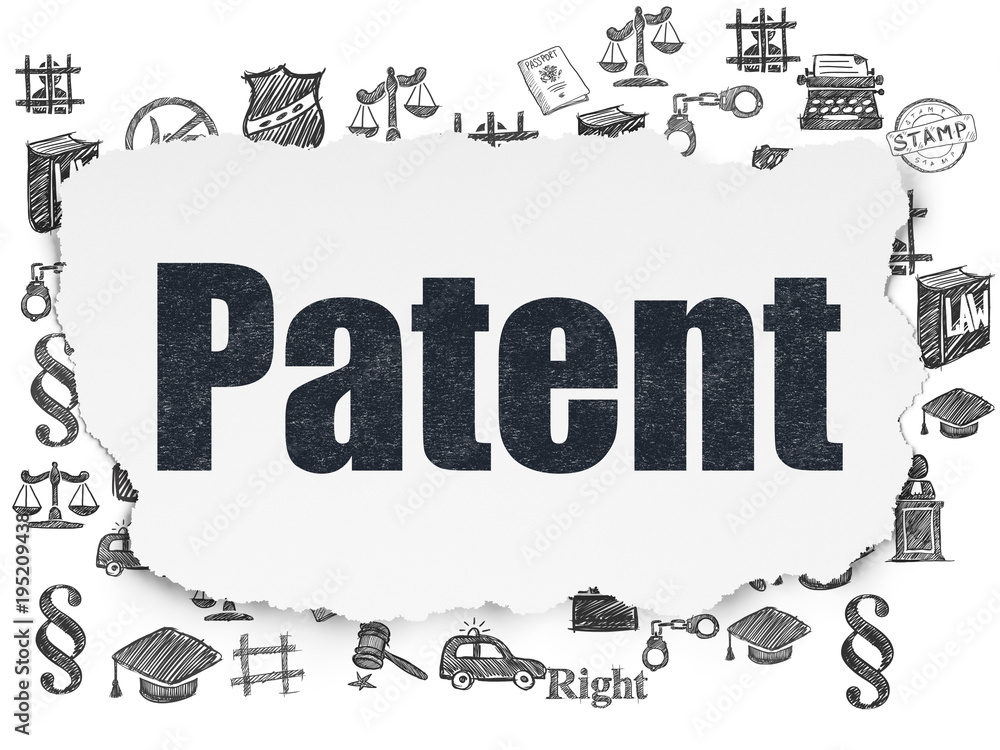 Law concept: Painted black text Patent on Torn Paper background with  Hand Drawn Law Icons