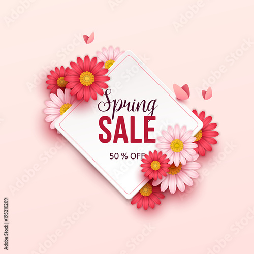 Spring sale background with beautiful flowers. Vector illustration